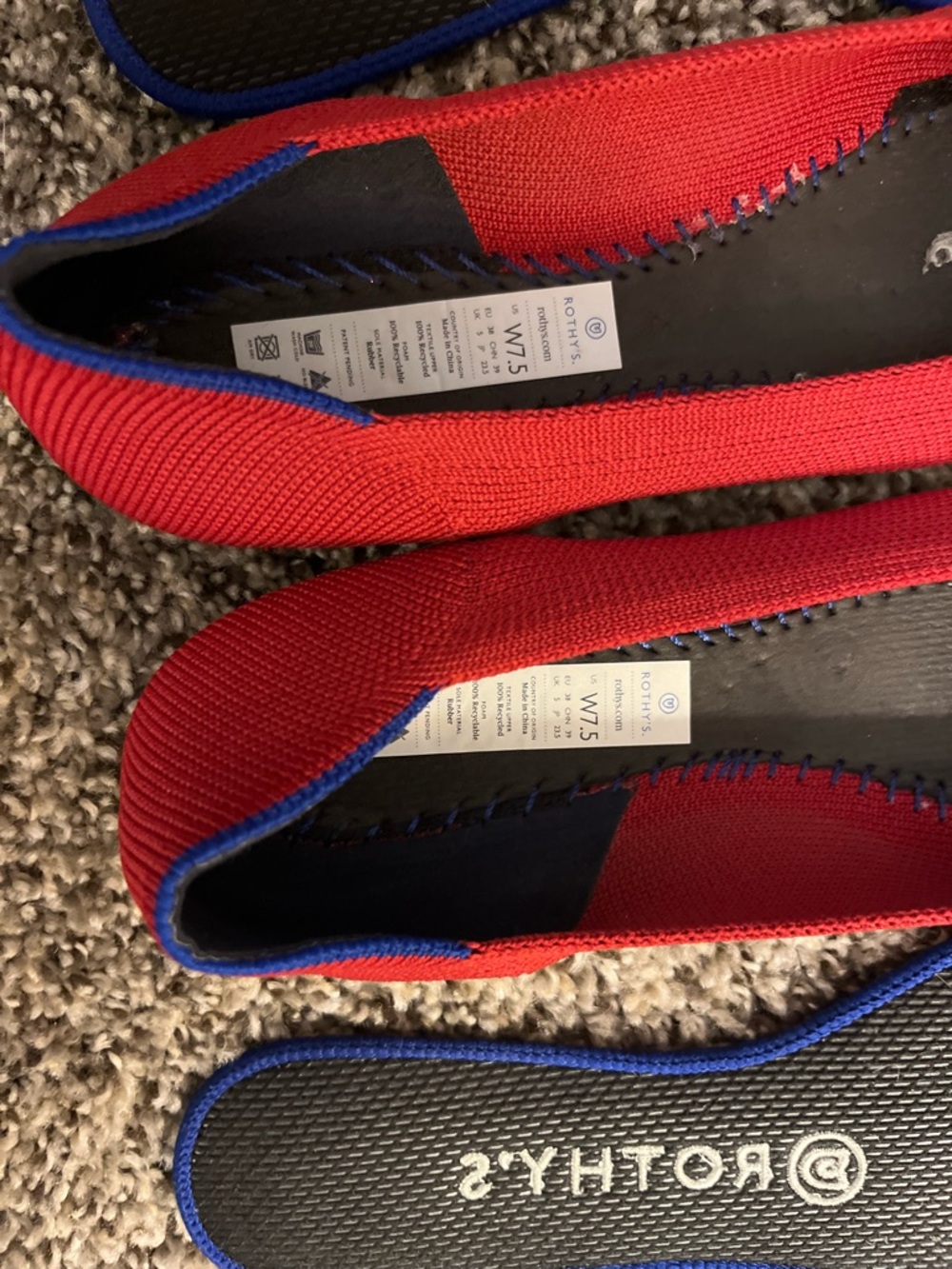 Rothy's Red Pointed Knit Ballet Flats with Blue Trim 7.5 - Picture 4 of 5